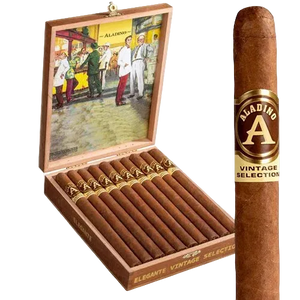Aladino vintage selection cigars in a wooden box with a detailed illustration on the lid.