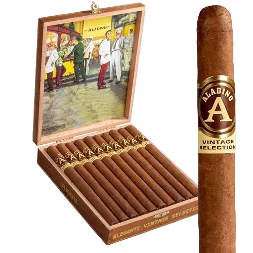 Aladino vintage selection cigars in a wooden box with a detailed illustration on the lid.