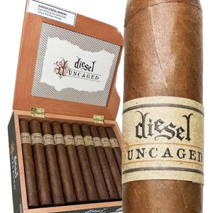 A close-up of a brown cigar with a cream band reading 'Diesel Uncaged' next to an open wooden cigar box containing several matching cigars. The box lid insert also shows the Diesel Uncaged branding.