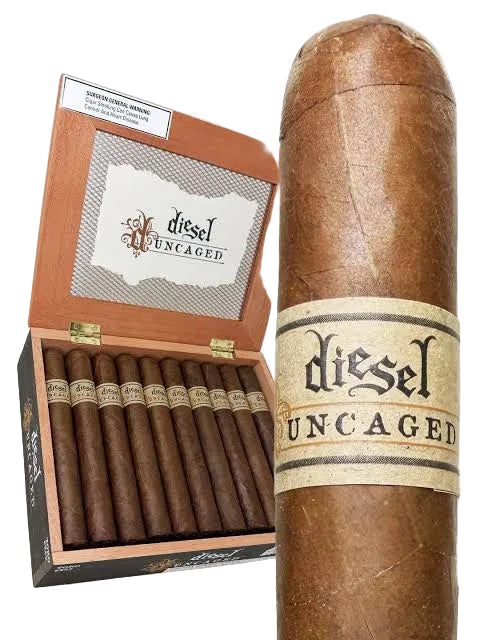 A close-up of a brown cigar with a cream band reading 'Diesel Uncaged' next to an open wooden cigar box containing several matching cigars. The box lid insert also shows the Diesel Uncaged branding.